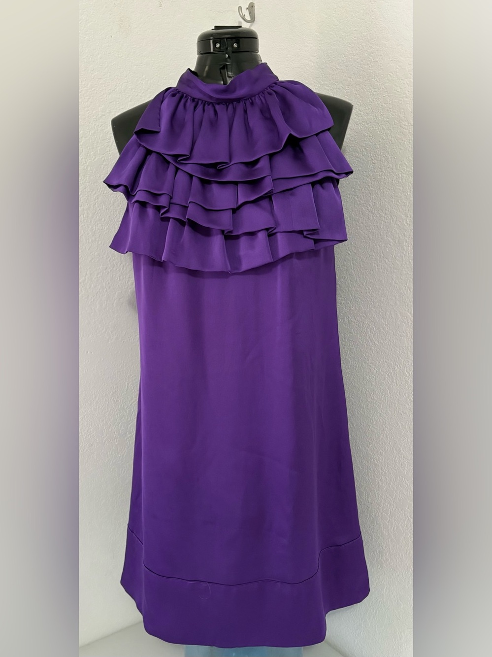 Contraband Women’s Purple Ruffle Neck Satin Mini Dress Size L. Ties in back